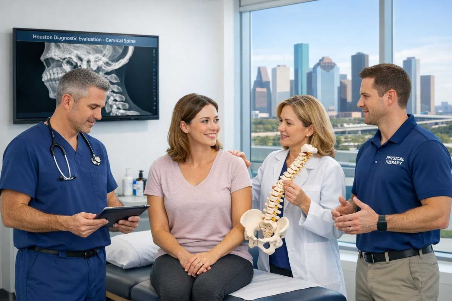 Car Accident Cares clinical team in Houston evaluating a patient's cervical spine after a car accident
