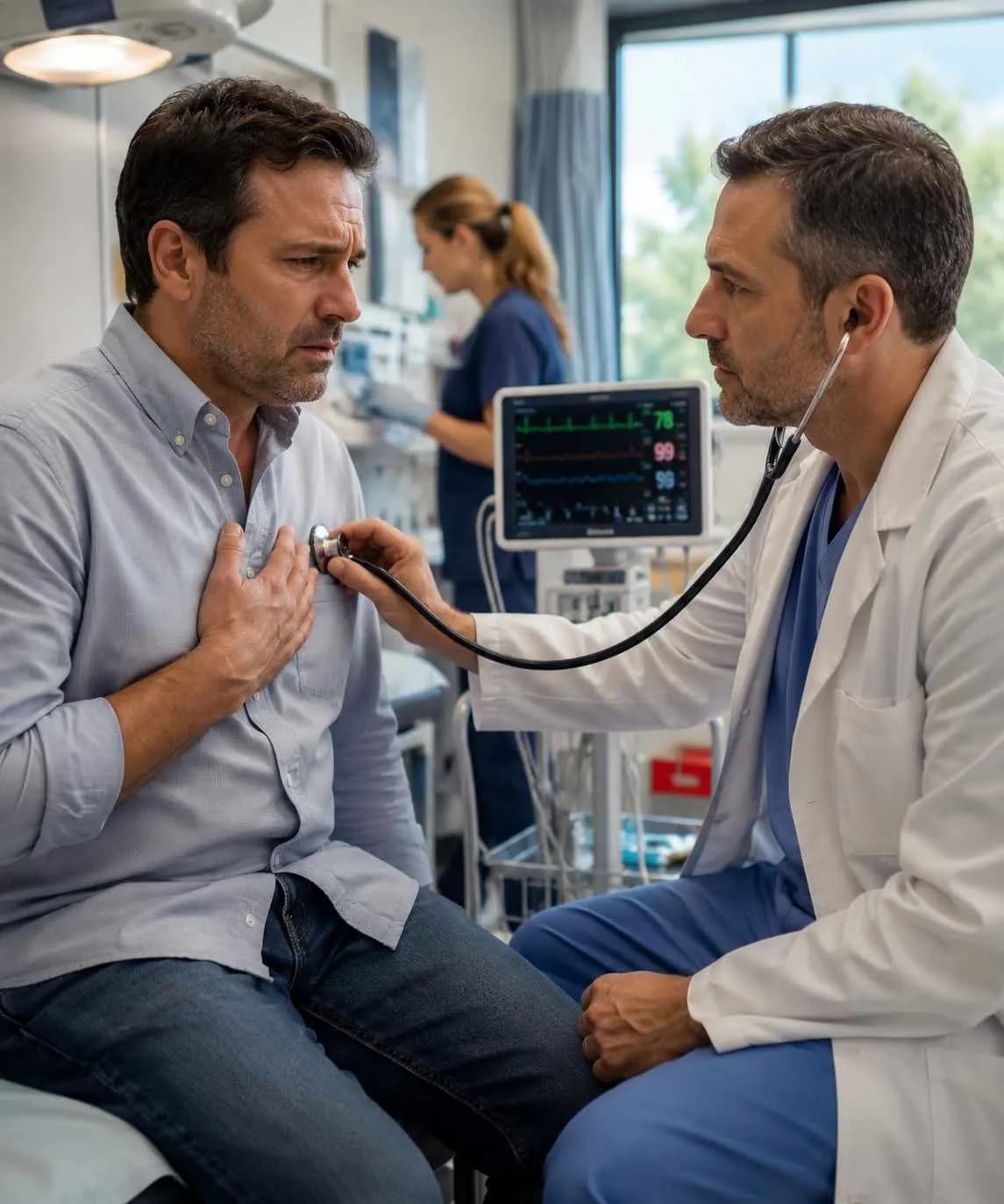 Physician evaluating a patient with chest pain after a car accident in Beaumont, TX