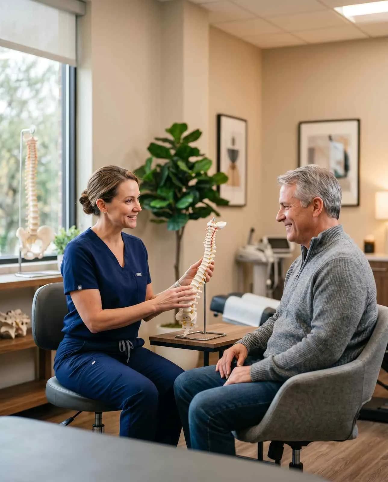 Chiropractor performing a gentle cervical adjustment on a car accident patient in a Beaumont, TX clinic