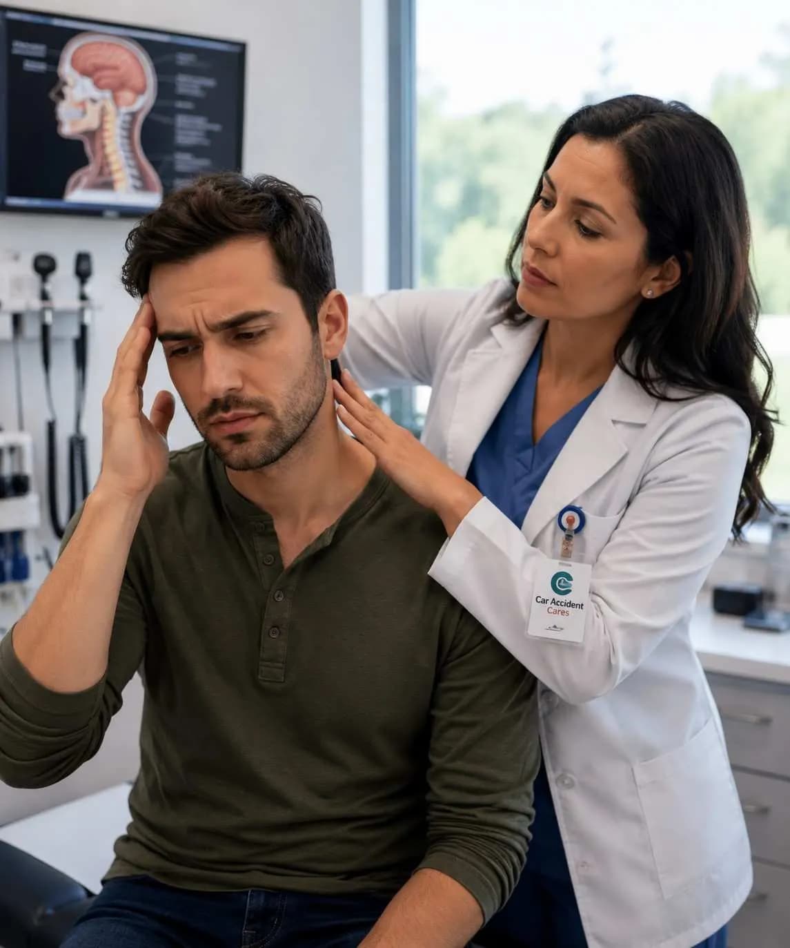 Neurology-focused clinician evaluating a patient with post-traumatic headache after a Beaumont car accident