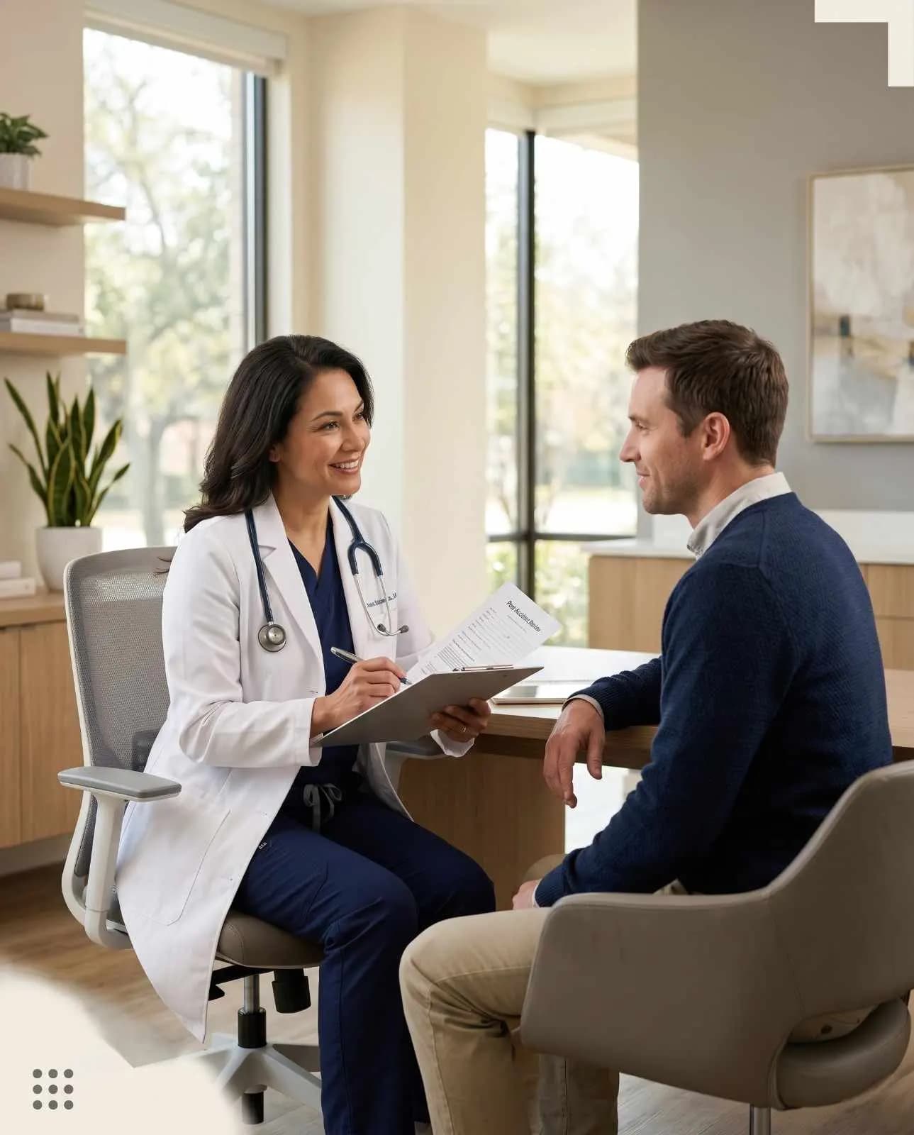 Medical doctor reviewing an accident patient's history during an initial consultation in Beaumont, TX