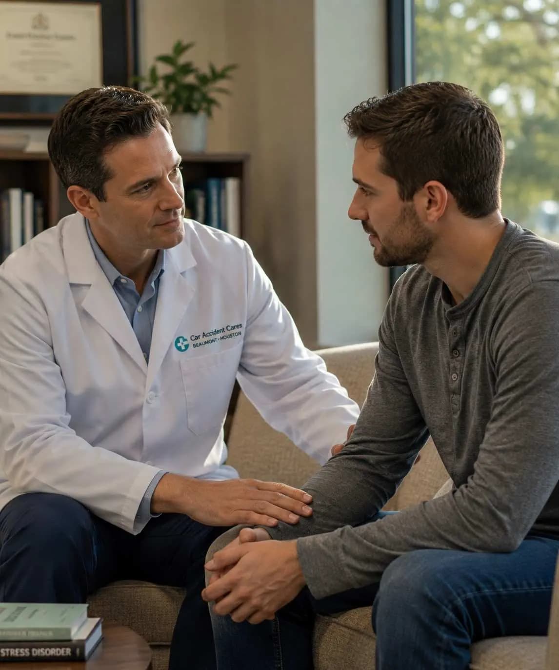 Compassionate therapist meeting with a patient experiencing PTSD after a car accident in Beaumont, TX