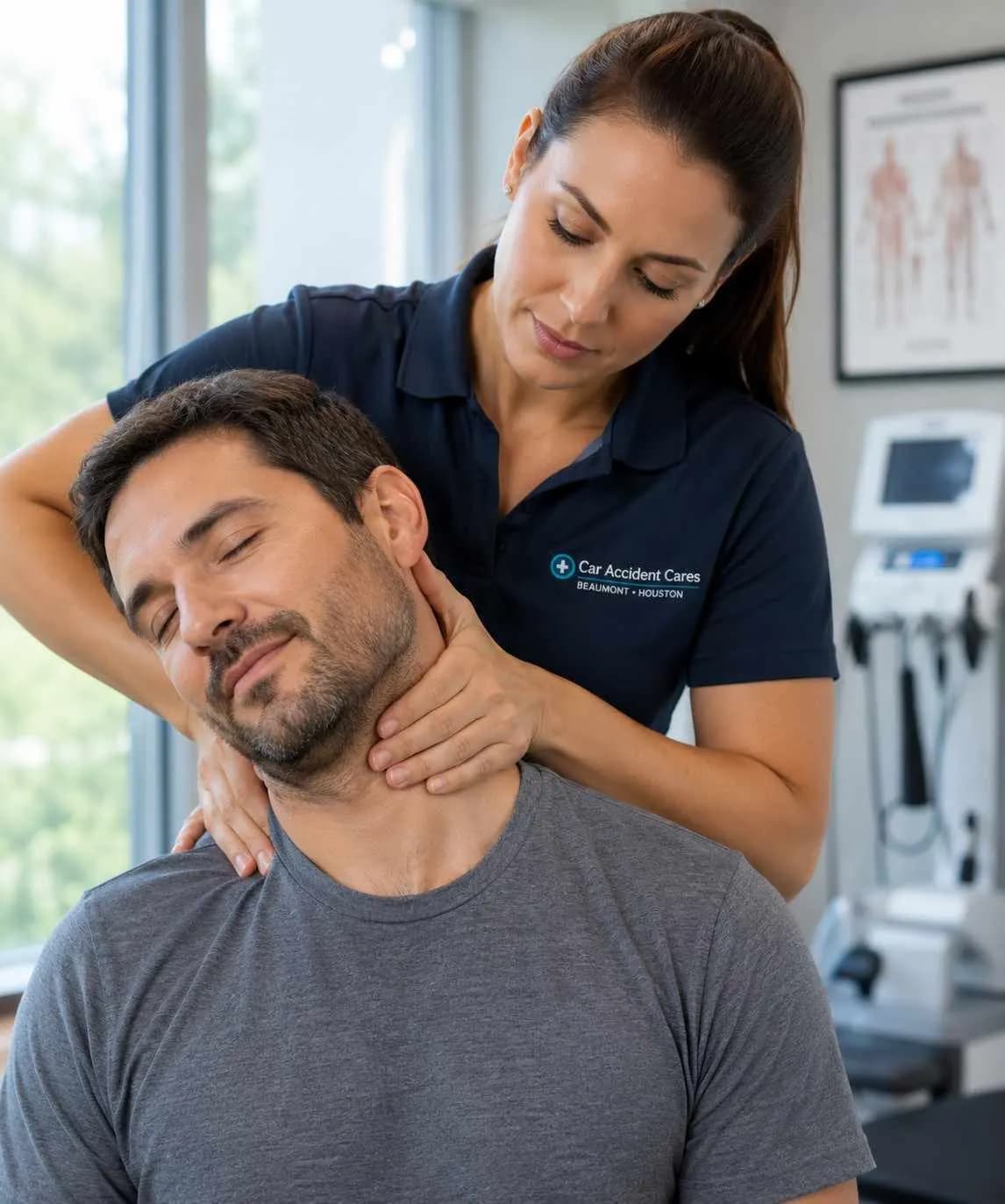 Clinician examining a patient's neck after a rear-end car accident in Beaumont, TX