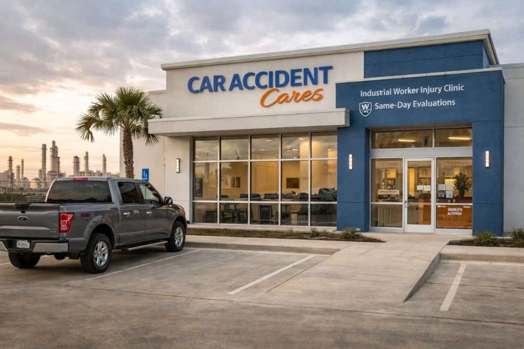 Exterior of the Car Accident Cares clinic on I-10 frontage road in Beaumont, TX