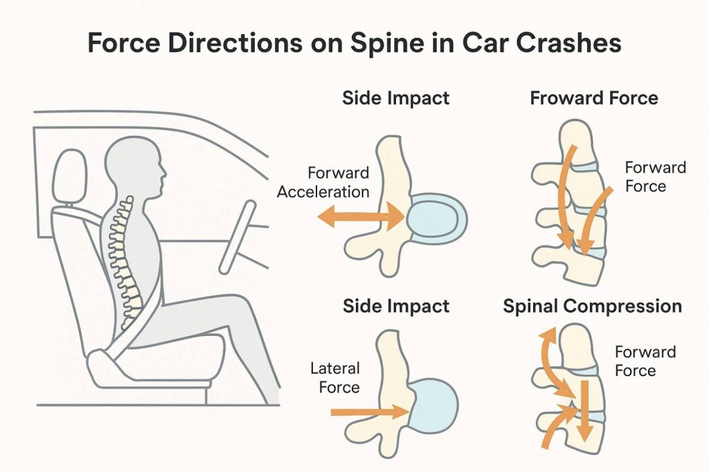 Vector diagram showing force directions in crash types herniated disc car accident Beaumont TX