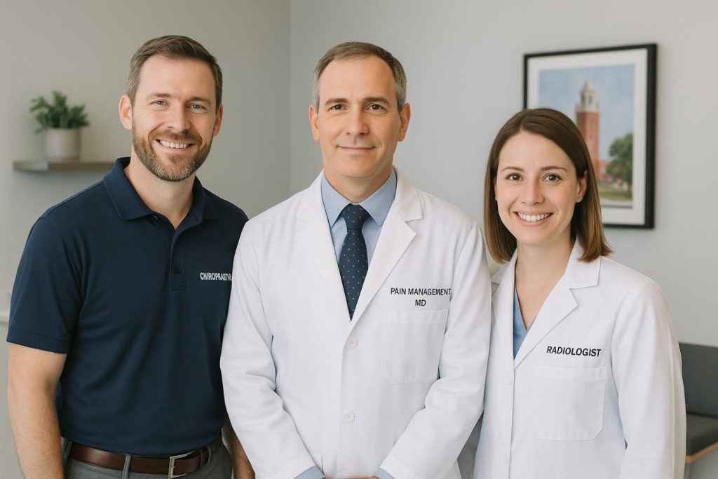 Team photo with chiropractor, pain specialist, and radiologist