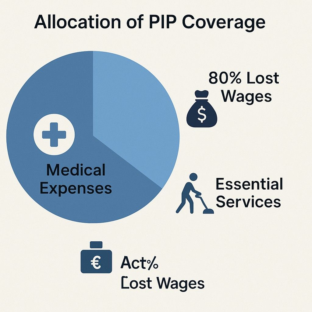 Infographic showing PIP allocation (medical vs. wages vs. services) car insurance accident injuries Texas