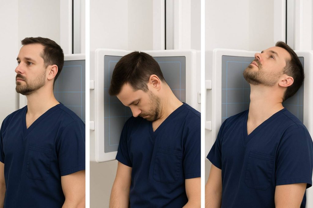 Demonstration images showing cervical spine X-ray positioning