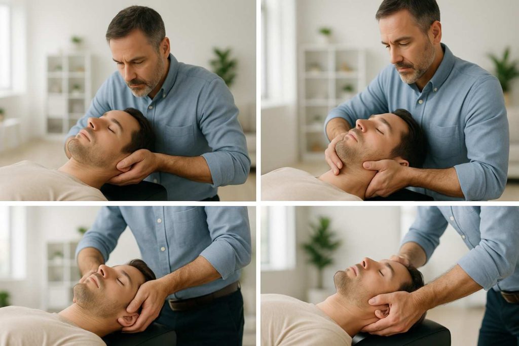 Step-by-step images showing whiplash adjustment demonstration