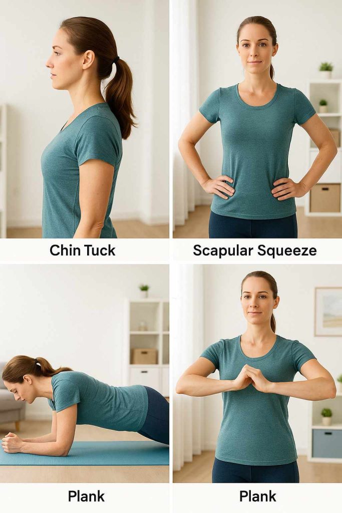 Exercise demonstration images showing postural strengthening movements