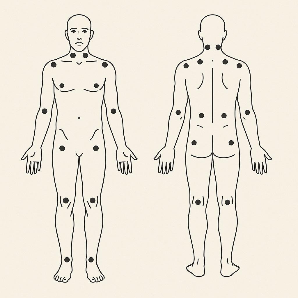 Anatomical diagram showing the 18 tender point locations on the body