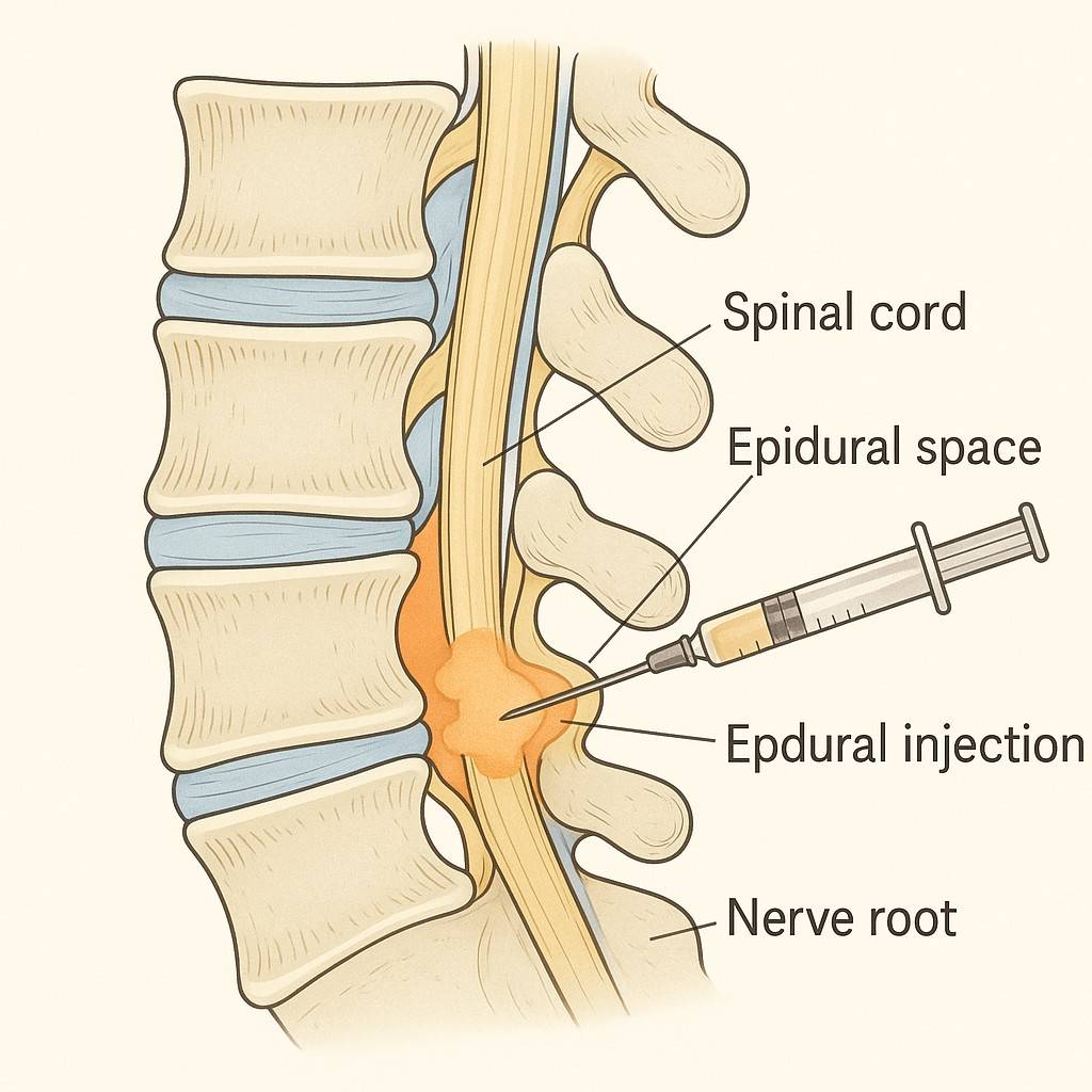 Anatomical diagram showing epidural space and injection placement