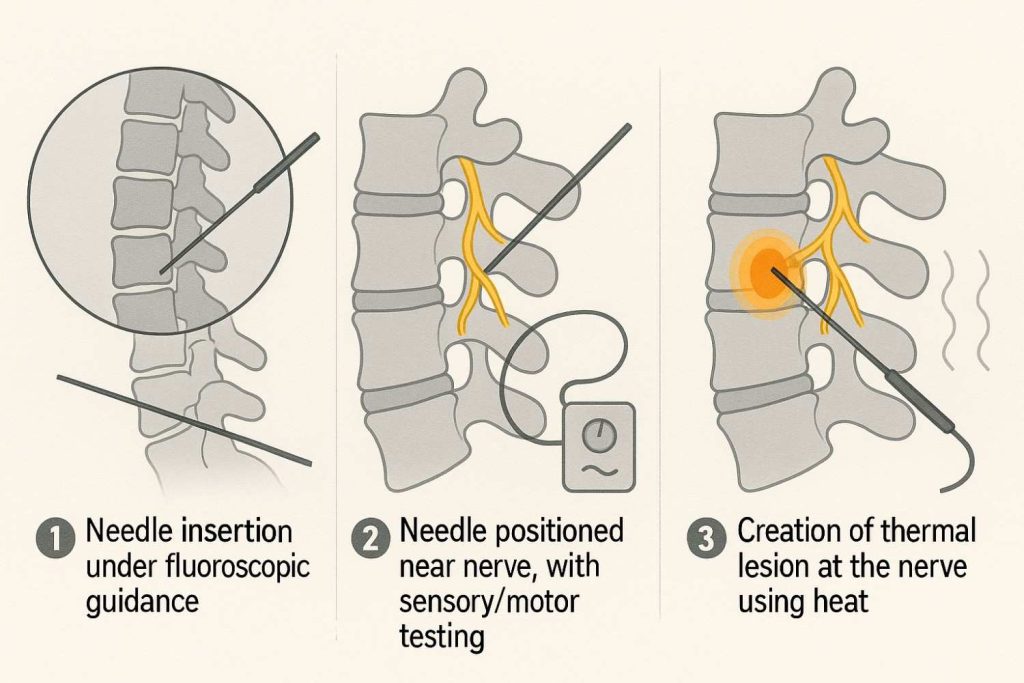 Step-by-step diagram showing RFA process from needle insertion to lesion creation