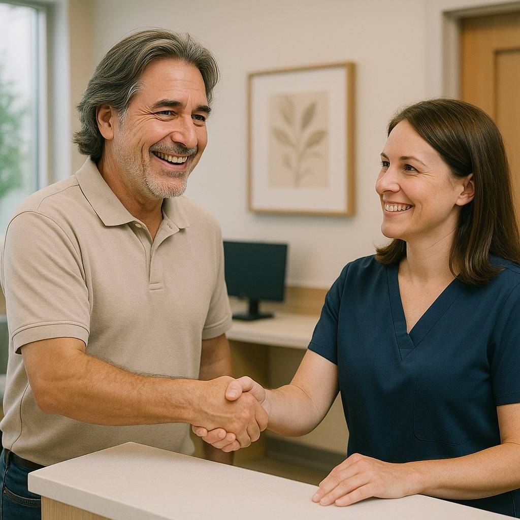 Reassuring image of satisfied patient with clinic staff