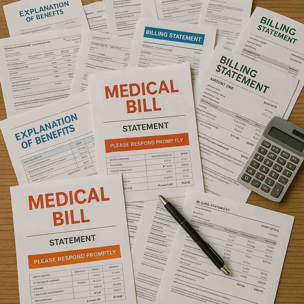 medical bills and paperwork spread on a table