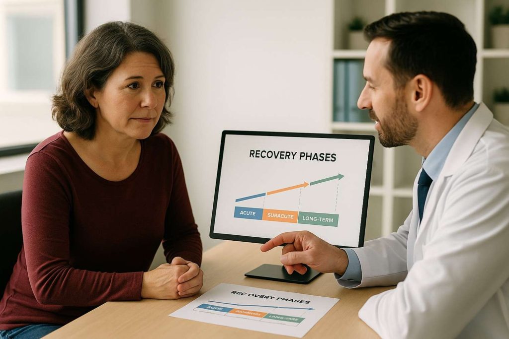 Patient reviewing recovery timeline with healthcare provider