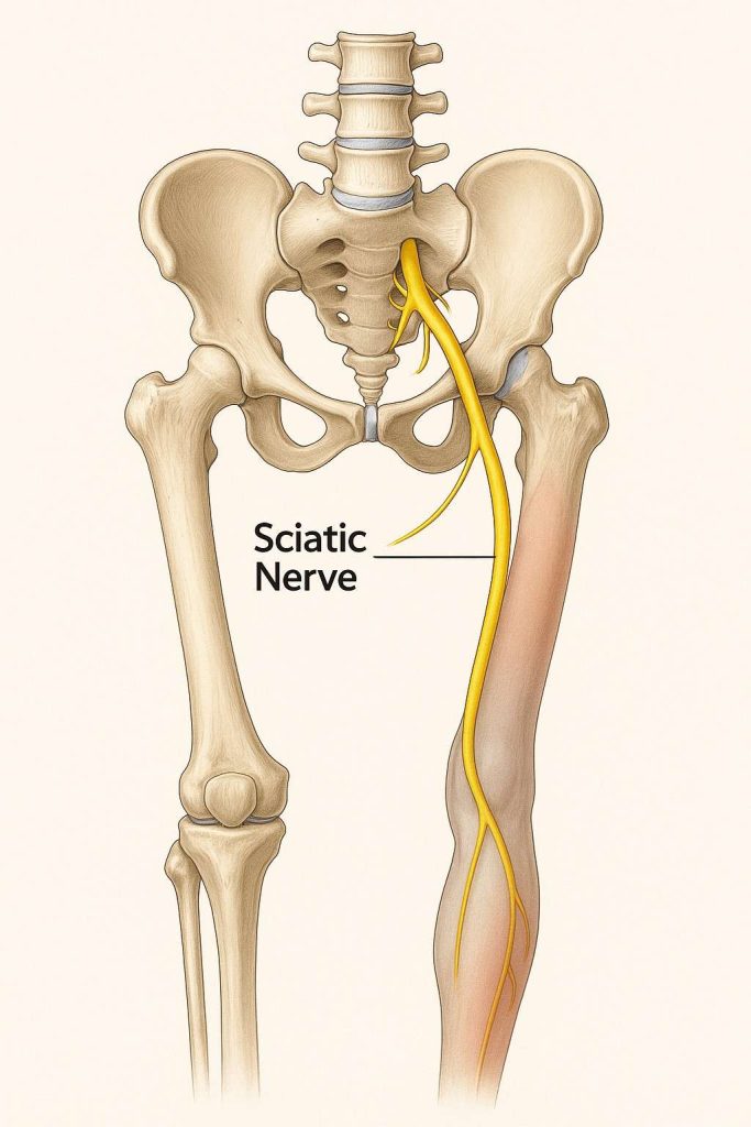Detailed anatomical diagram showing spine, sciatic nerve pathway, and areas of referred pain