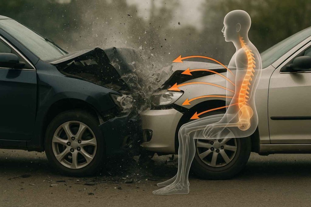 Image of car crash impact demonstrating spinal force transmission