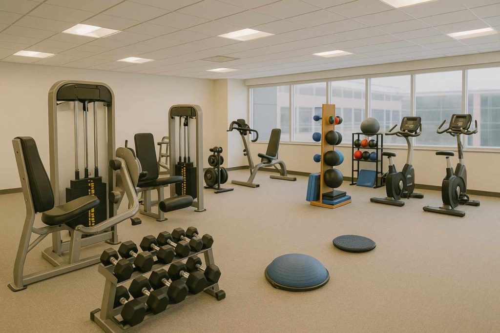 Physical therapy equipment room showing modern strengthening and conditioning tools