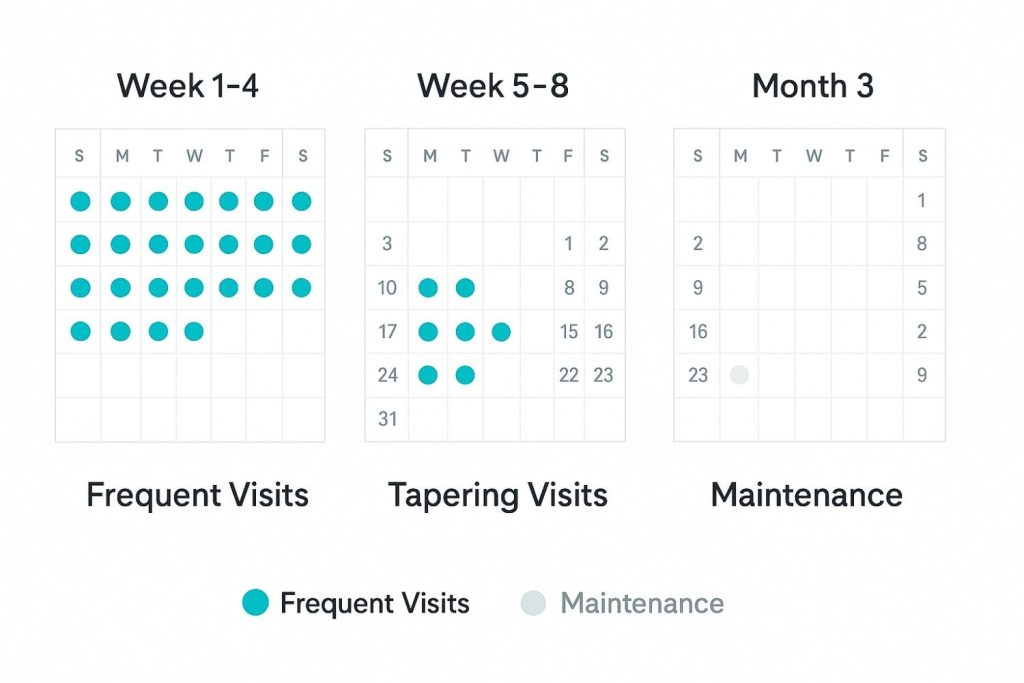 Treatment timeline showing visit frequency progression