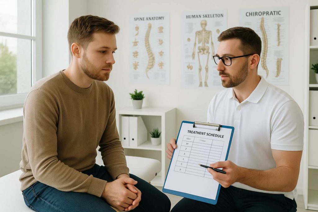 Chiropractor consulting with patient about treatment frequency