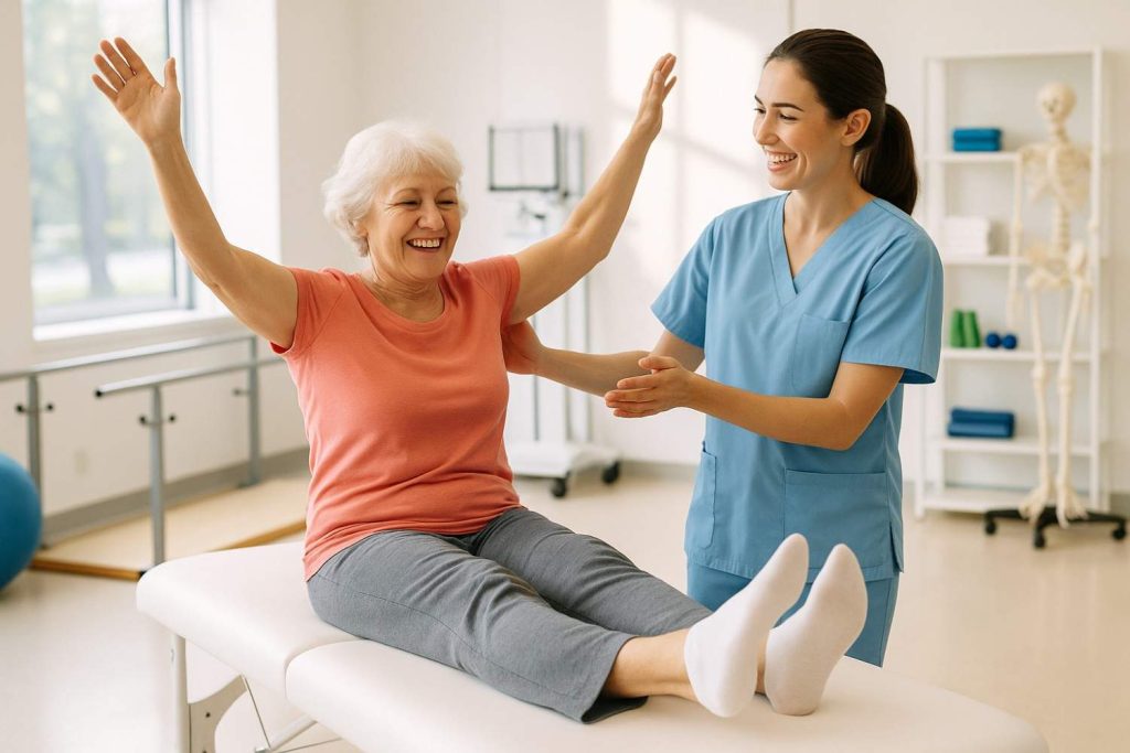 Patient demonstrating improved mobility after treatment