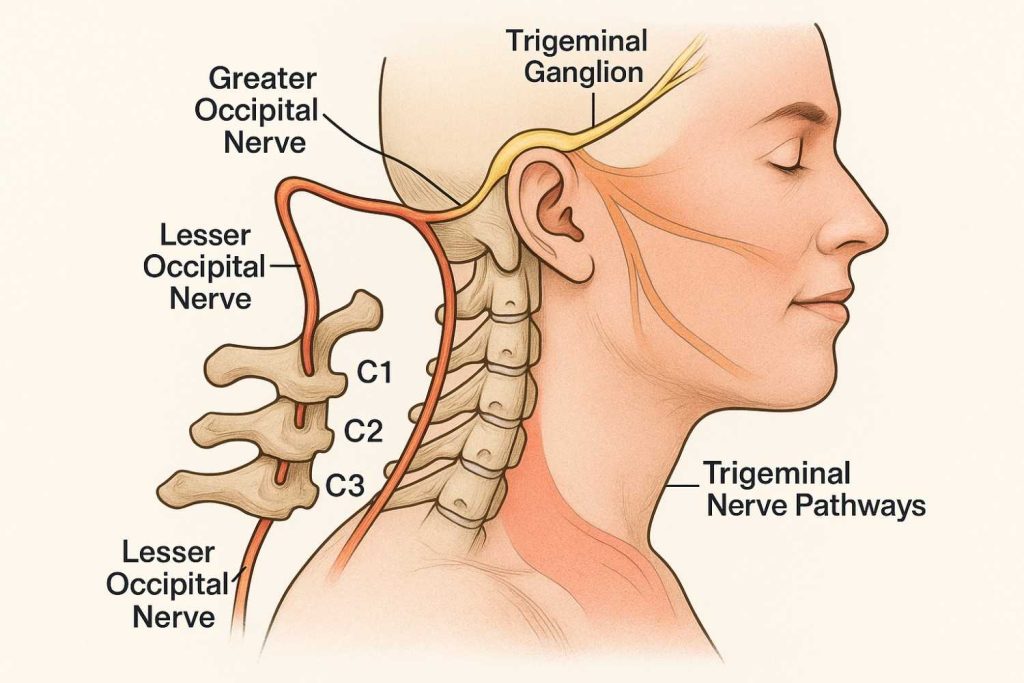 Detailed anatomical diagram highlighting cervical spine, occipital nerves, and trigeminal nerve connections