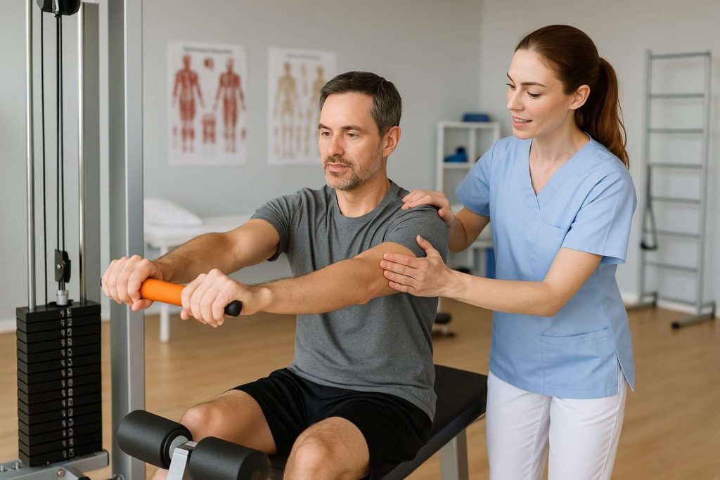 Image of patient performing therapeutic exercises with professional guidance