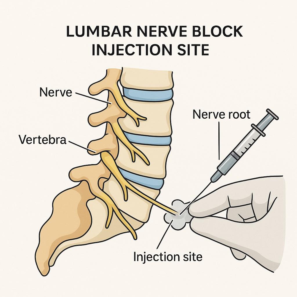 Diagram showing typical lumbar nerve block injection site