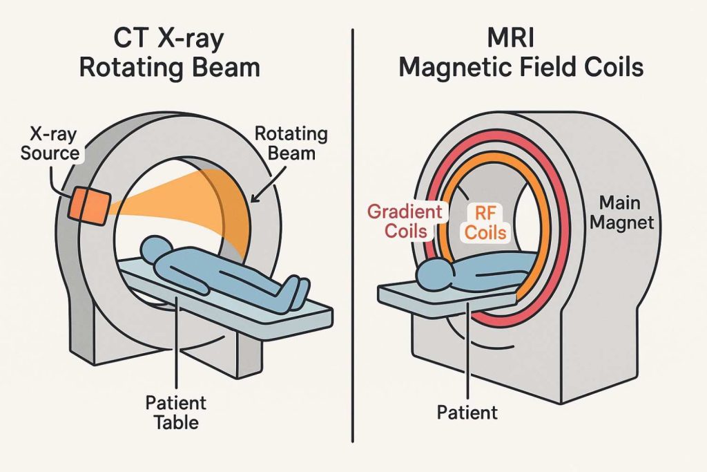 Diagram showing CT X-ray technology vs MRI magnetic field technology