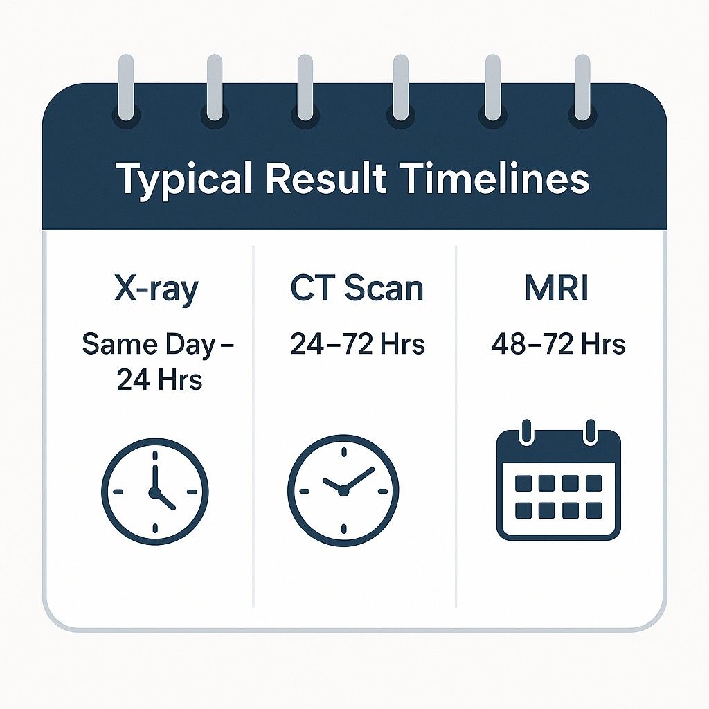 typical result timelines for X-ray, CT, and MRI imaging