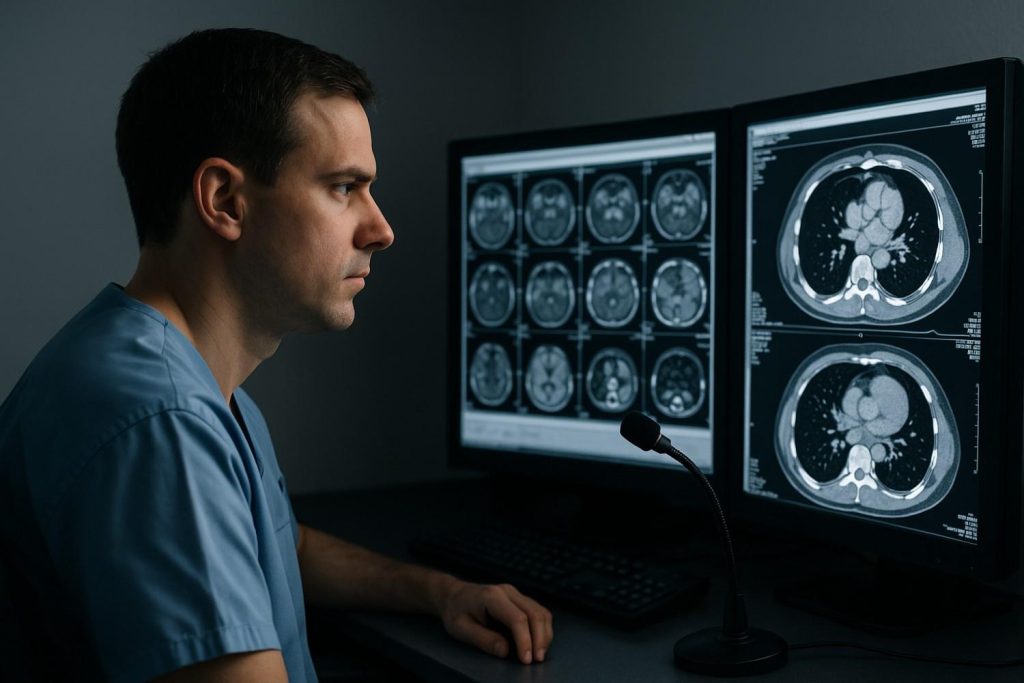 Image of radiologist reviewing scans on specialized diagnostic monitors