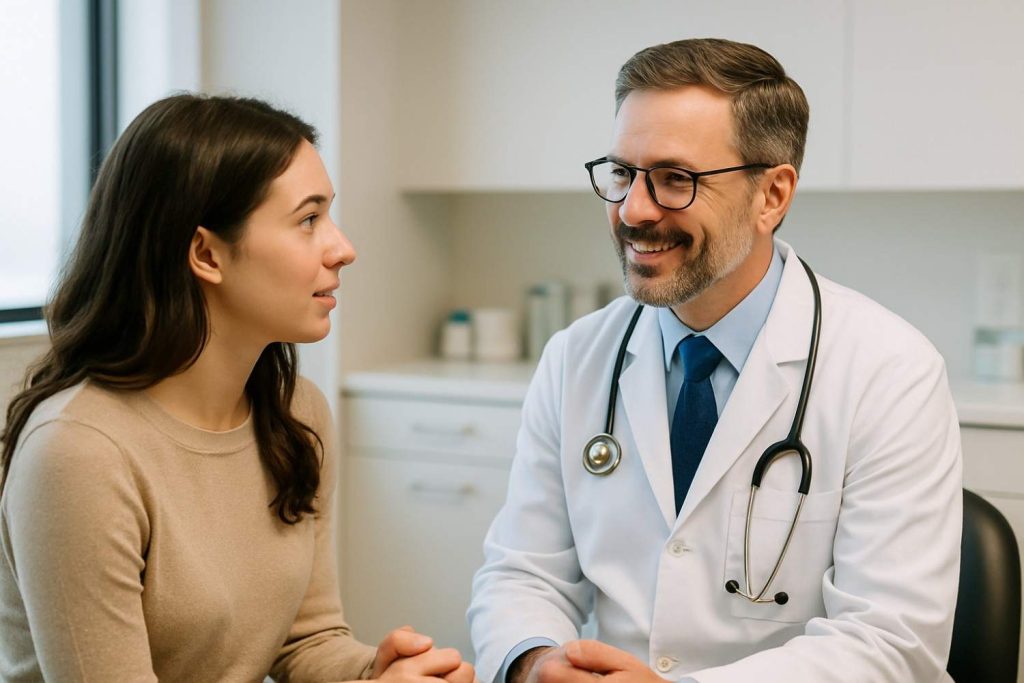 A photo of a person consulting with a doctor in a clean, modern medical office. The doctor is attentively listening to the patient.