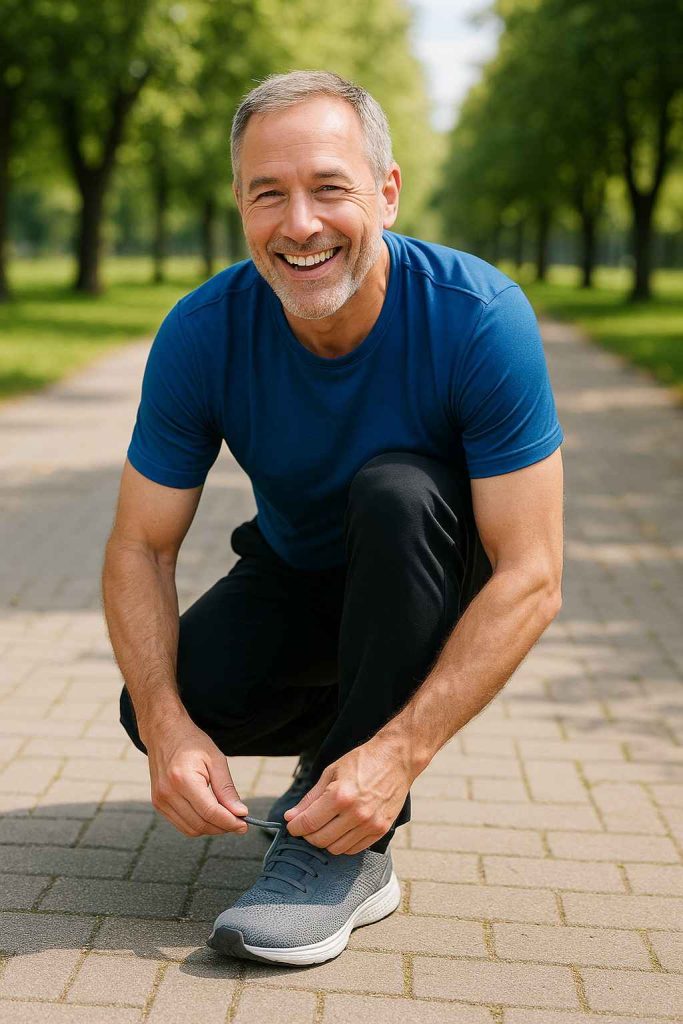 Man Tying Shoe in Park Walkway