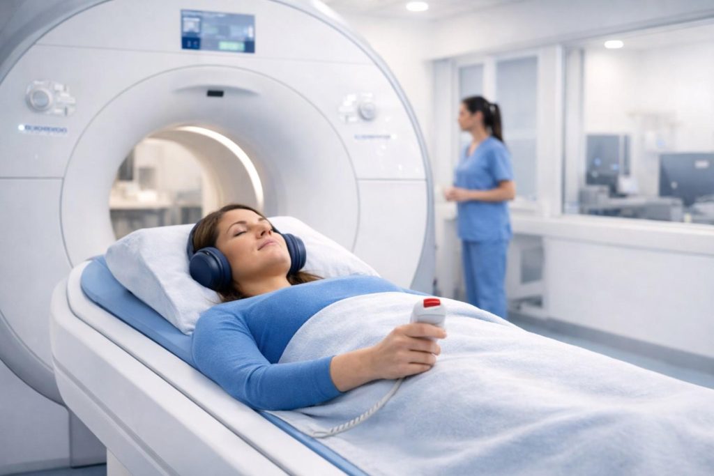 A patient lying comfortably in an MRI machine wearing headphones and holding a call button in Beaumont TX