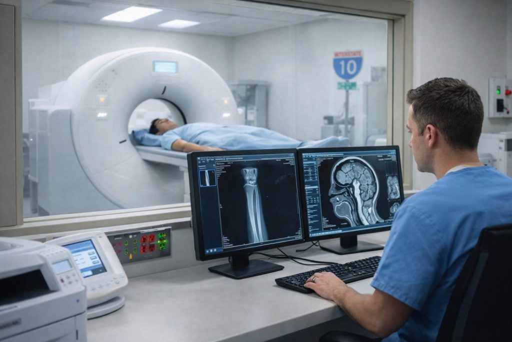 modern CT suite with technician monitoring dual screens while patient is positioned inside scanner.