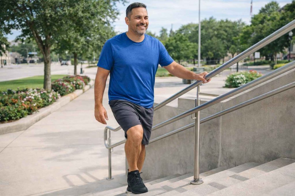 Active adult smiling, walking up outdoor steps easily, representing recovery