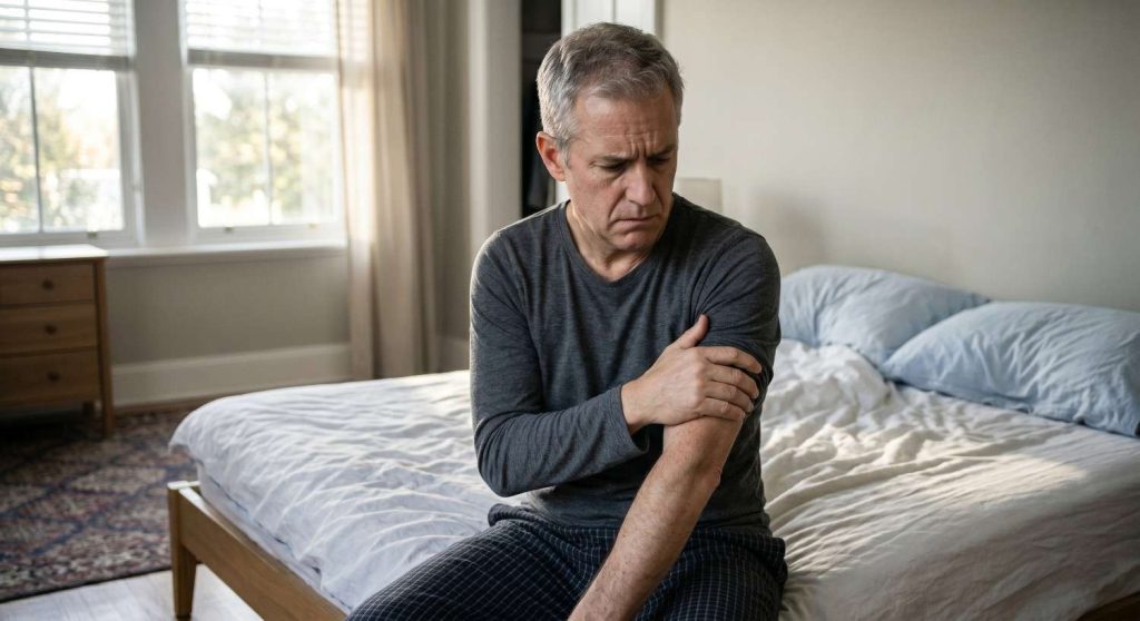 A middle-aged man in gray pajamas sits on the edge of a bed, gripping his left upper arm with a painful expression.