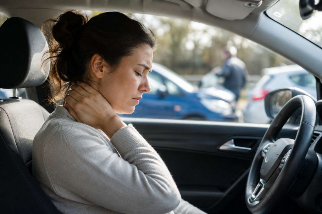 Woman experiencing delayed whiplash symptoms and neck pain inside a car after a minor car accident in Texas.