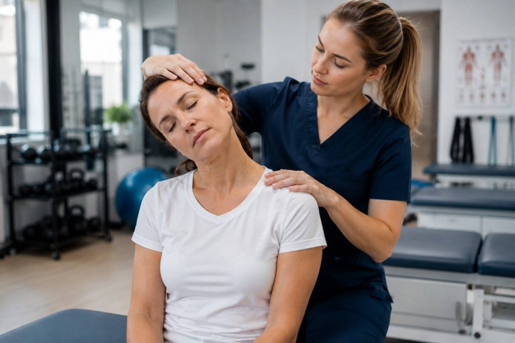 Physical therapist guiding neck mobility exercises during whiplash rehabilitation treatment after a car accident.