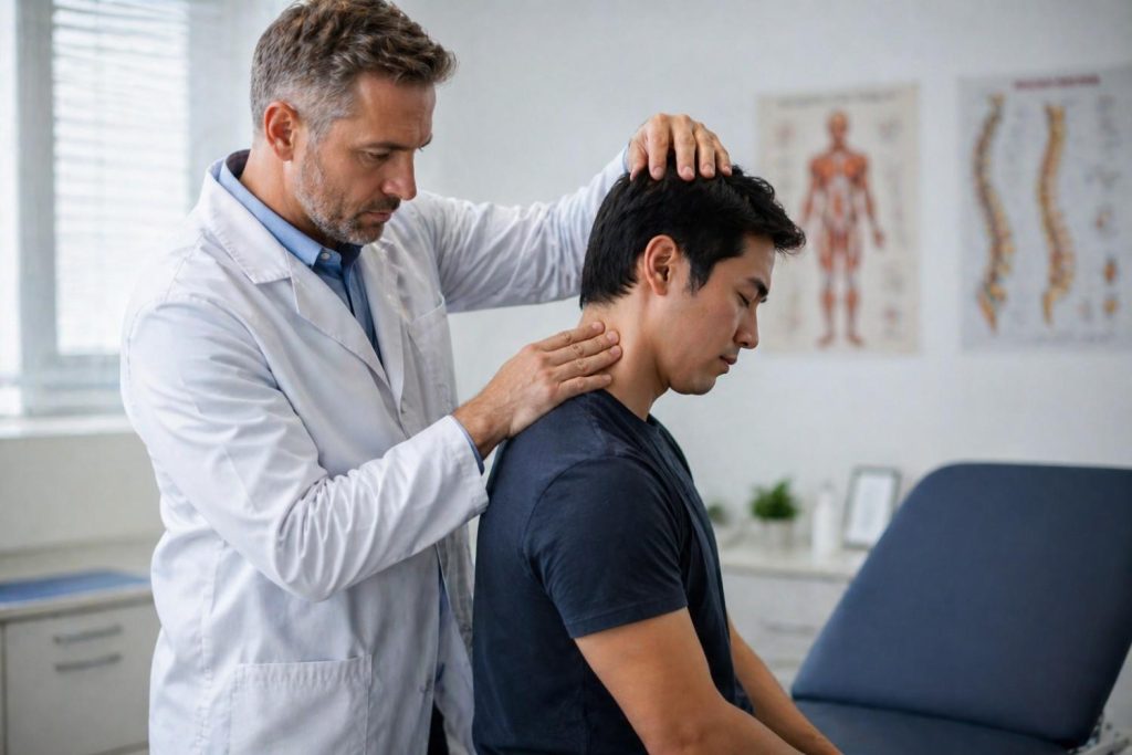 A doctor in a clinical setting examines a patient’s neck and upper spine, gently pressing and assessing the cervical area while the seated patient appears calm, with anatomical charts visible in the softly lit background.