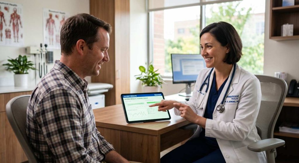 A smiling female doctor in a brightly lit modern clinic shows positive medical results on a tablet to a relieved male patient.