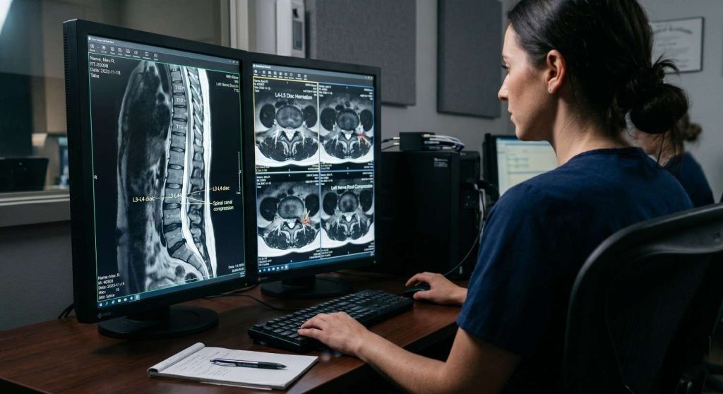 A medical specialist in dark scrubs reviews detailed spine MRI scans on dual computer monitors in a dimly lit clinical room.
