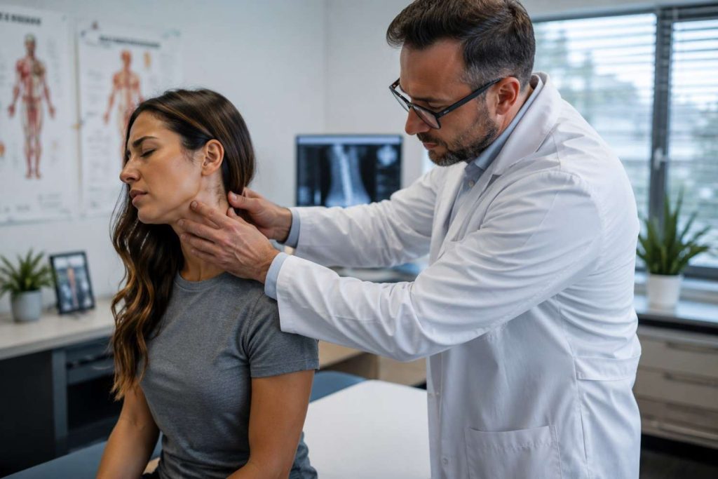 Doctor examining a patient’s neck and whiplash symptoms in a modern medical clinic after a car accident injury in Beaumont TX