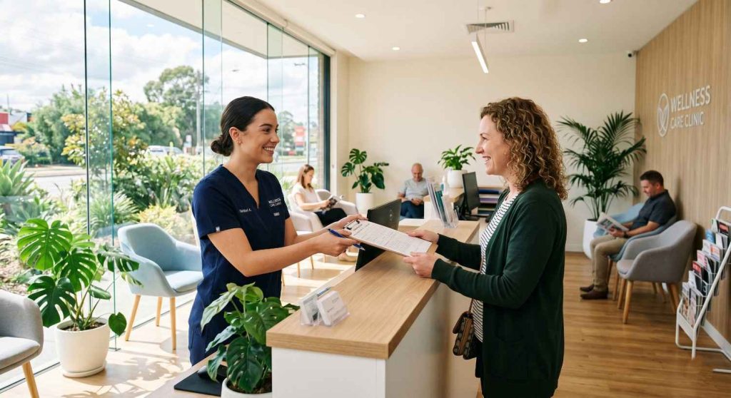A smiling receptionist in dark blue scrubs hands a clipboard to a cheerful patient at the wooden front desk of a bright, modern wellness clinic.The sunlit waiting area features large glass windows, indoor potted plants, and several other patients comfortably seated in the background.