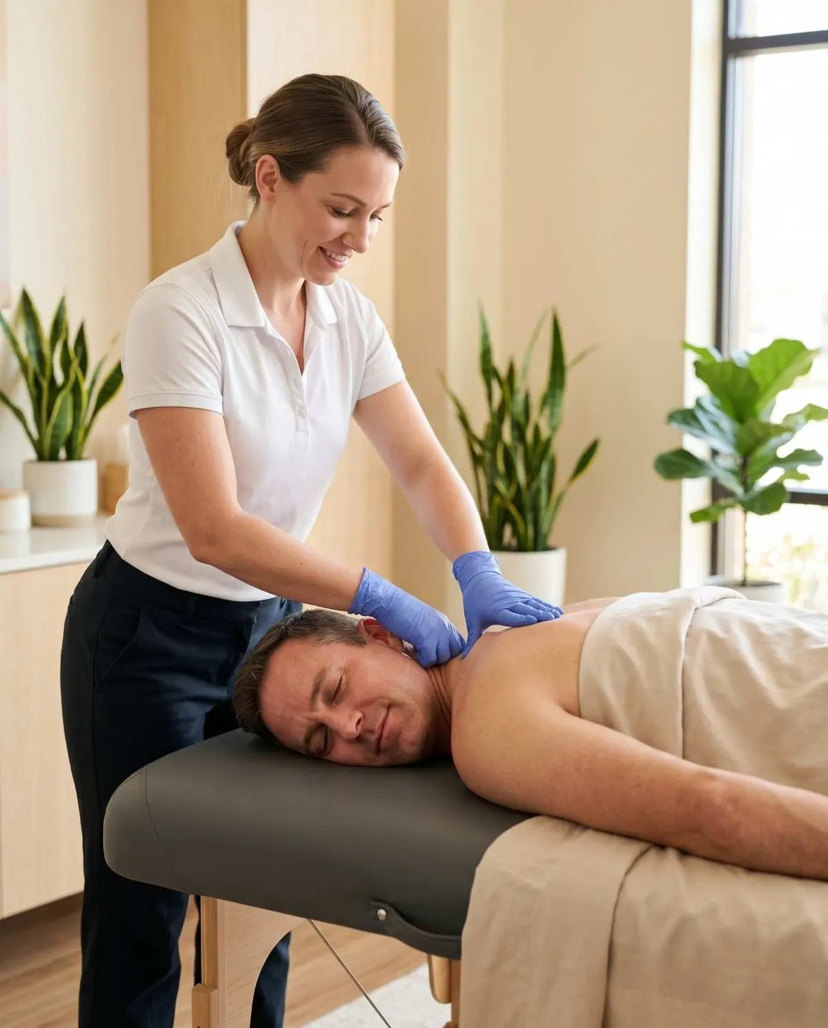Chiropractor demonstrating a corrective exercise to a patient recovering from whiplash