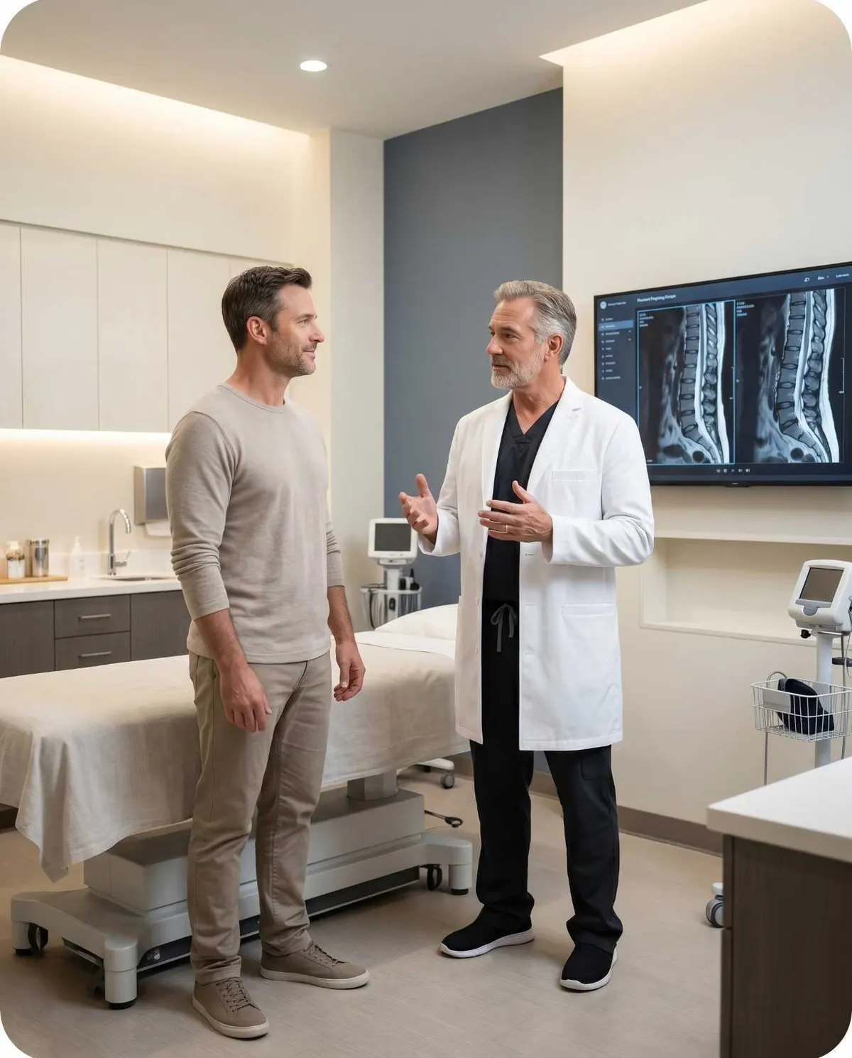 Pain physician reviewing a treatment plan with a patient recovering from chronic post-accident pain