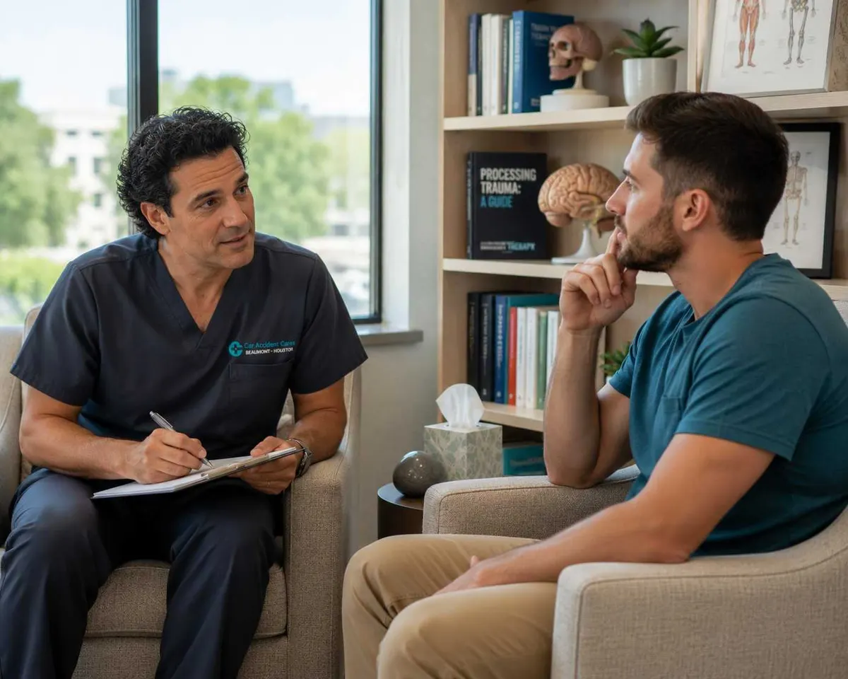 Patient and clinician in a calm therapy office discussing trauma symptoms after a car accident