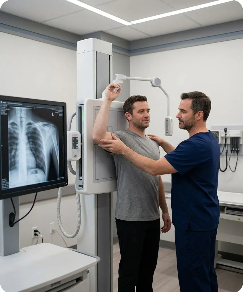 Clinician reviewing a cervical-spine X-ray on a diagnostic monitor after a car accident